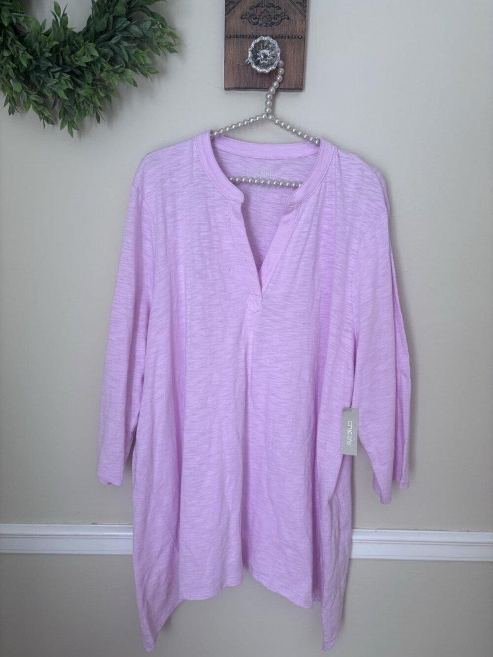 NWT Chicos Size 4 Cotton Slub Tunic Top Lavender Blush Pink 3/4 Sleeve